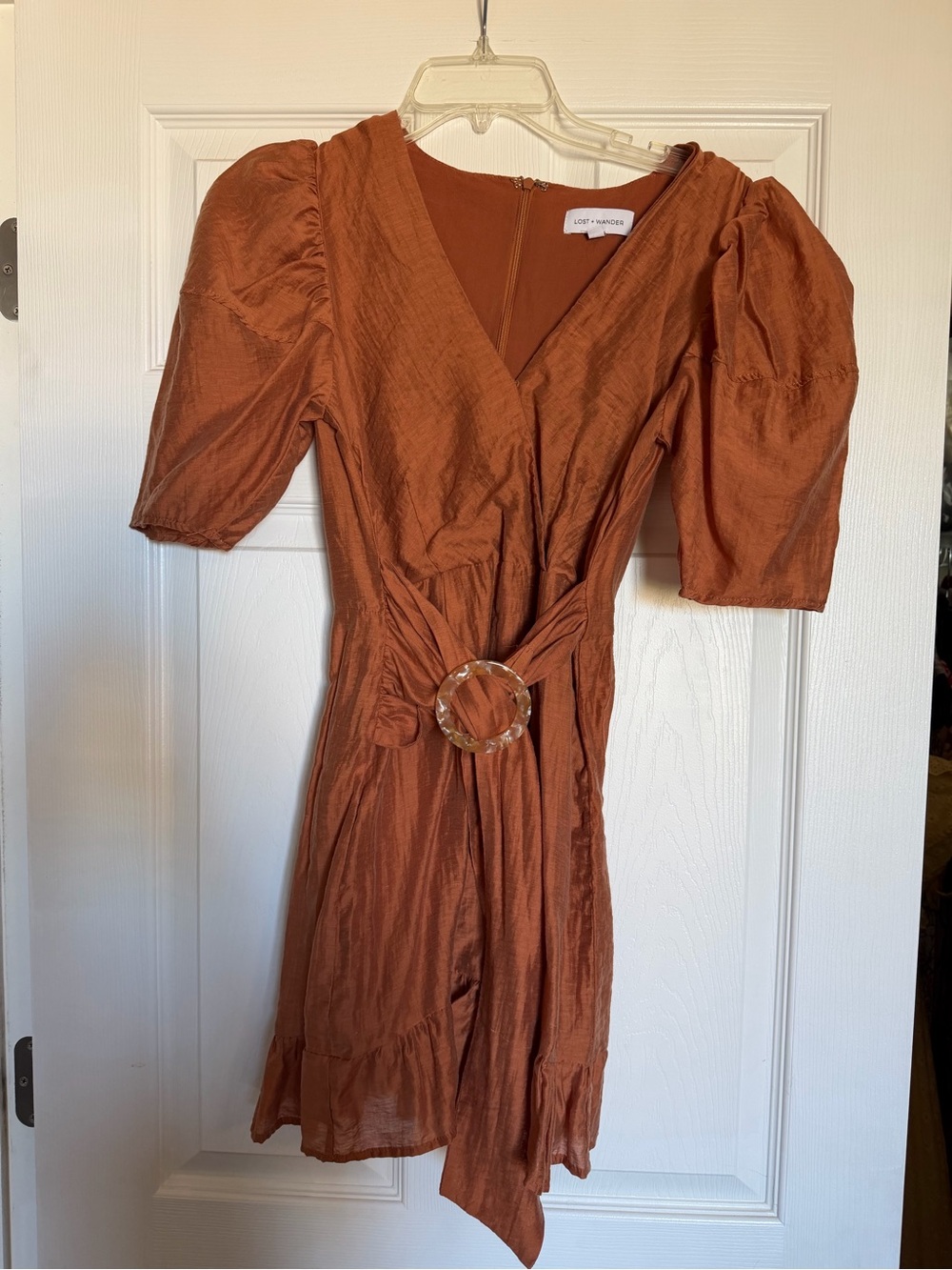 Lost + Wander Rust Puff-Sleeve Wrap Dress with Ring Accent